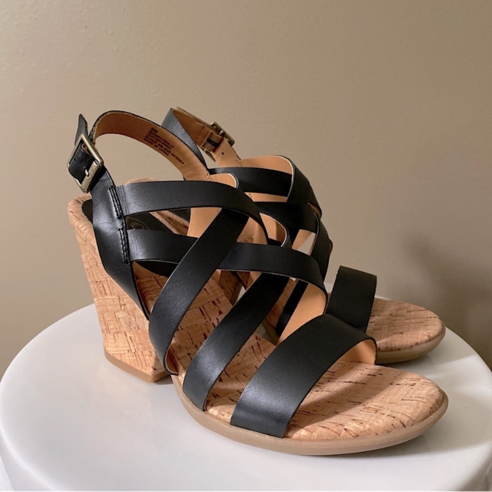 KORK EASE LEATHER NEDRA STRAPPY OPEN TOE SLINGBACK SANDALS Black Tan 9